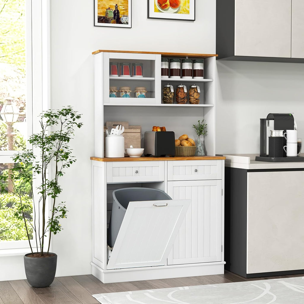 Giantex 68' Tall Kitchen Pantry, Buffet Hutch w/Tilt Out Trash Can Storage Cabinet, 2 Drawer, Shelves, Rubber Wood Microwave Countertop, Wood Sideboard Cupboard for Home Coffee Bar (White & Natural)