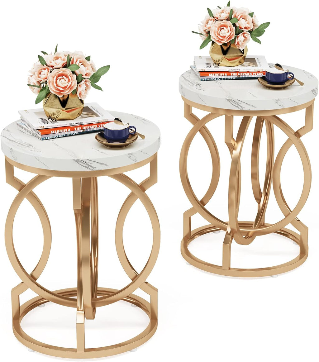 Tribesigns Modern Round End Table Set of 2, Multifunctional Accent Table Small Side Table for Living Room, White Gold with Faux Marble Top, 19.7'W x 19.7'D x 25.6'H