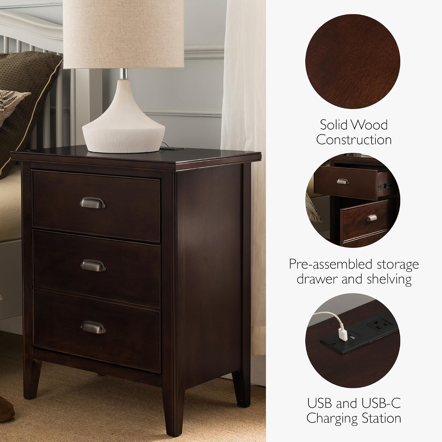 Leick Home Laurent Side Table Nightstand with USB-C Charging Station, Solid Wood, Perfect for Bedrooms, Living Rooms, and Small Spaces, 16'D x 24'W x 28'H, Chocolate Cherry Brown