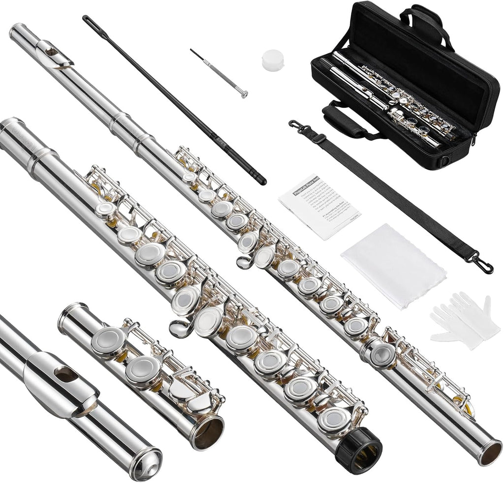 POGOLAB Open Hole C Flute, 16 Keys Student Flute Instrument for Beginner Advanced Player, with Carry Bag, Strap, Gloves, Adjustment Screwdriver, Cleaning Kit (Open/Closed Hole, Silver Plated)