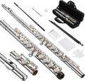 POGOLAB Open Hole C Flute, 16 Keys Student Flute Instrument for Beginner Advanced Player, with Carry Bag, Strap, Gloves, Adjustment Screwdriver, Cleaning Kit (Open/Closed Hole, Silver Plated)