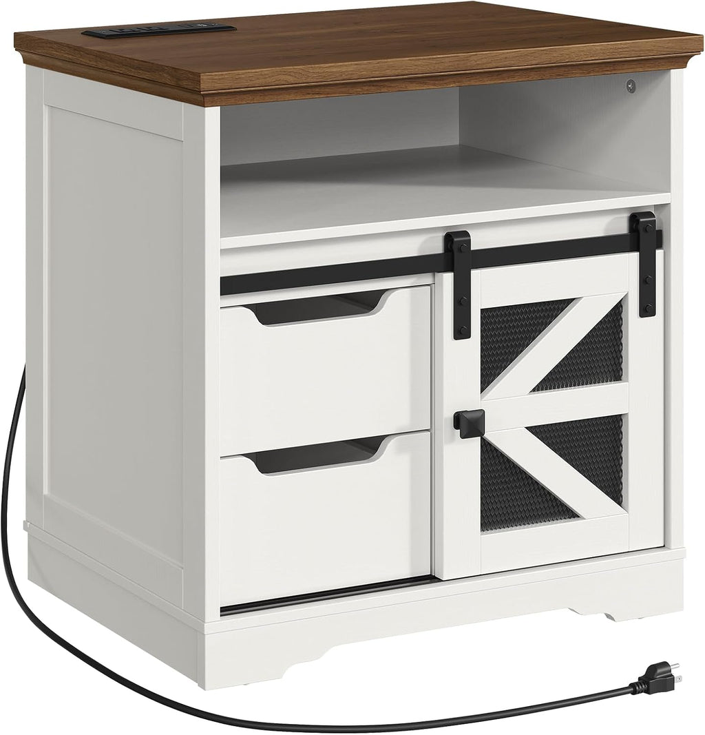 RALGEND Farmhouse End Table with Charging Station, Sofa Side Table with 2 Drawers and Barn Door, Rustic Wooden Nightstand Bedside Table for Bedroom, Living Room,White and Walnut
