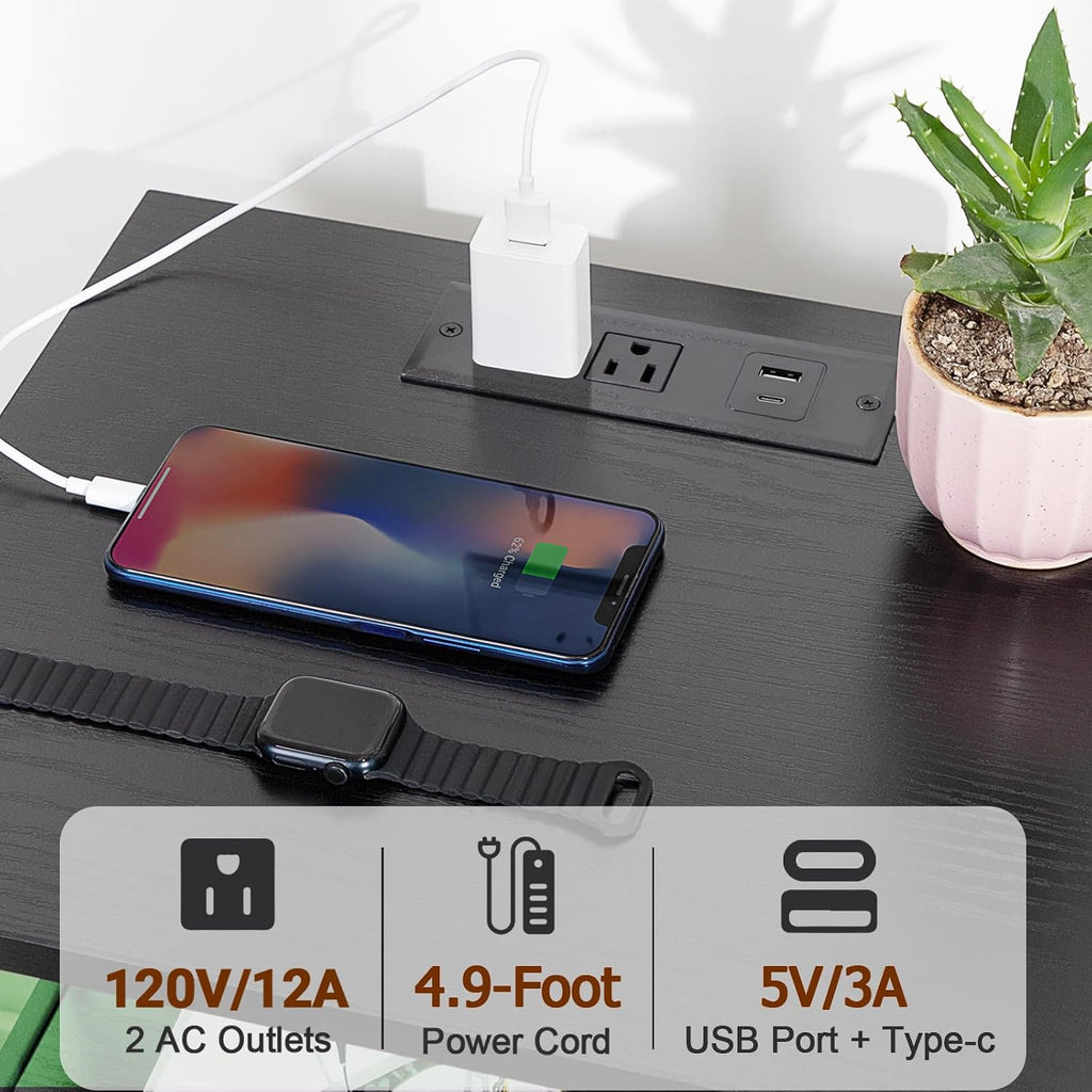 AMHANCIBLE Night Stand Set of 2 with Charging Station and LED Lights, Large 2-Drawer Bedside Tables with USB Ports and AC Outlets, Modern Nightstand for Bedroom, Black, HET052LBK