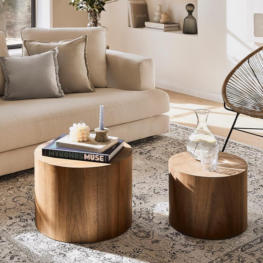 18.9' Round Nesting Coffee Table Set of 2,Wooden Circle Coffee and End Tables,Durable Accent Furniture,Modern Space-Saving Design for Small Living Rooms,Offices,No Assembling Needed (Walnut)