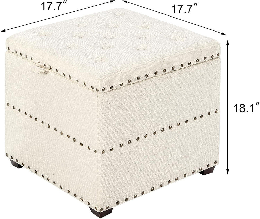 Adeco 18' Velvet Storage Ottoman with Tray Top, Modern Square Cube Footrest Coffee Table for Living Room, Bedroom, Dorm - Warm White, No Assembly Required