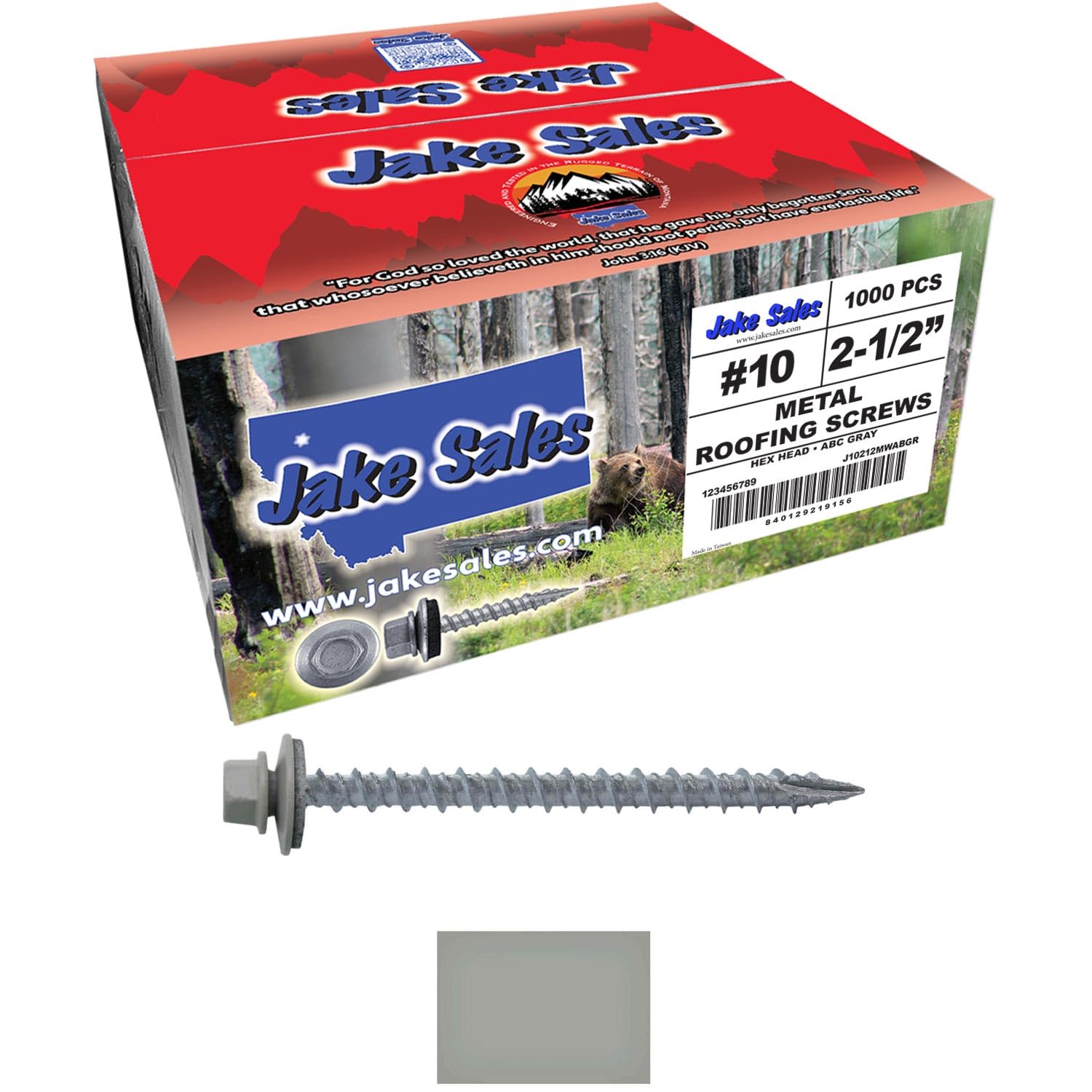 10 x 2-1/2' ABC Gray Metal Roofing Screws - Hex Washer Head- Self-Starting/Tapping - EPDM Washer. 4 X 250 Bags - 1,000 Screws