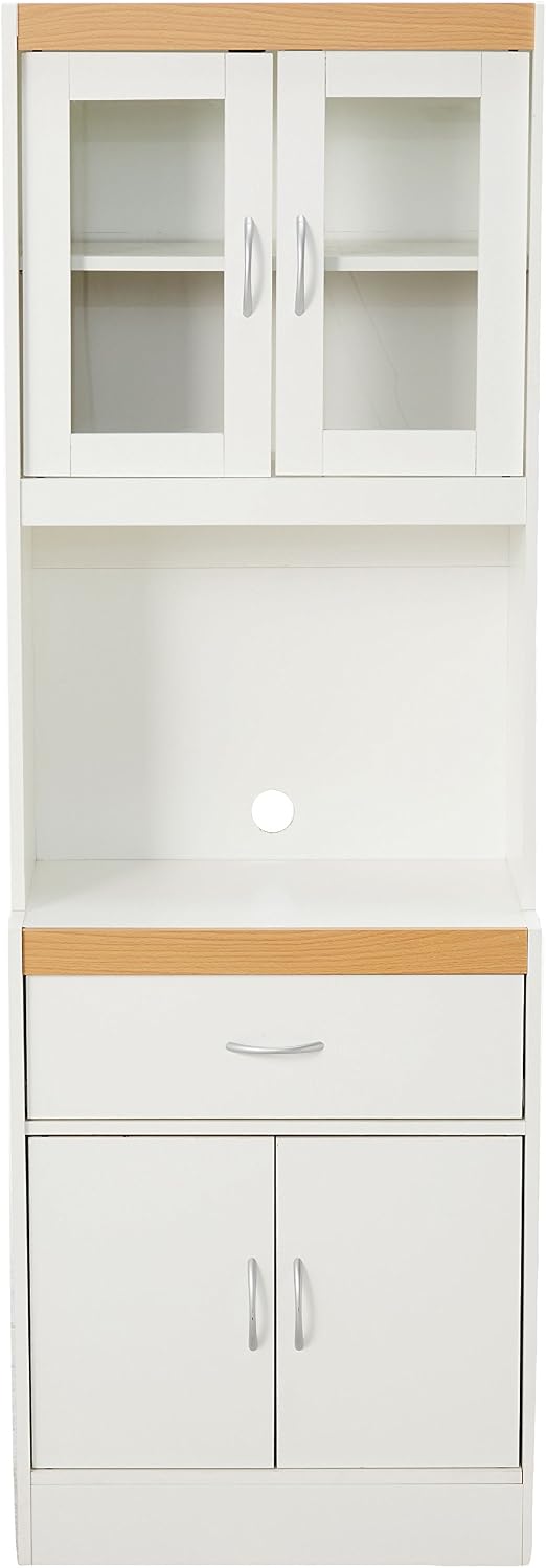Hodedah Long Standing Kitchen Cabinet with Top and Bottom Enclosed Cabinet Space, One Drawer, Large Open Space for Microwave, White