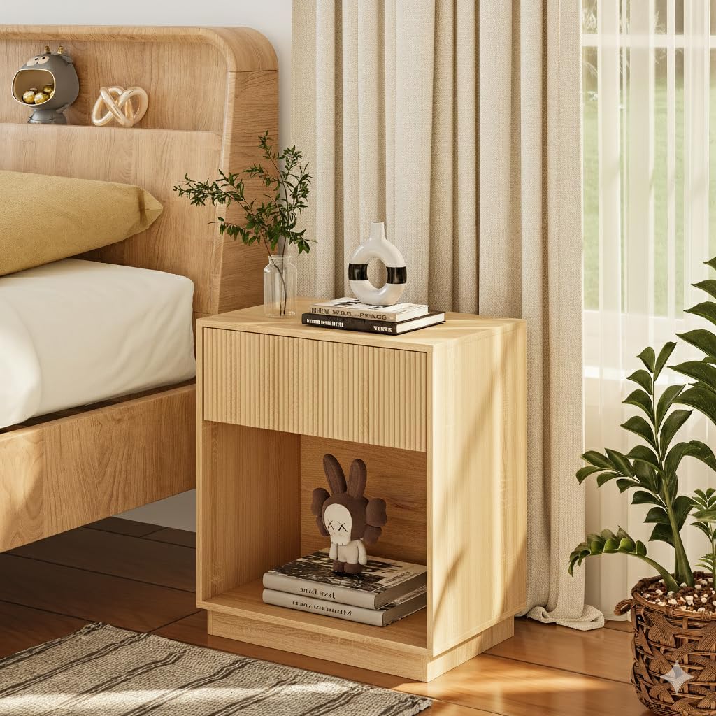 Fluted Nightstands Set of 2, Modern Bedside Table with Drawer and Storage Shelf, Wood End Table Mid Century Night Stands for Bedroom Living Room Sofa Couch Office (Oak)