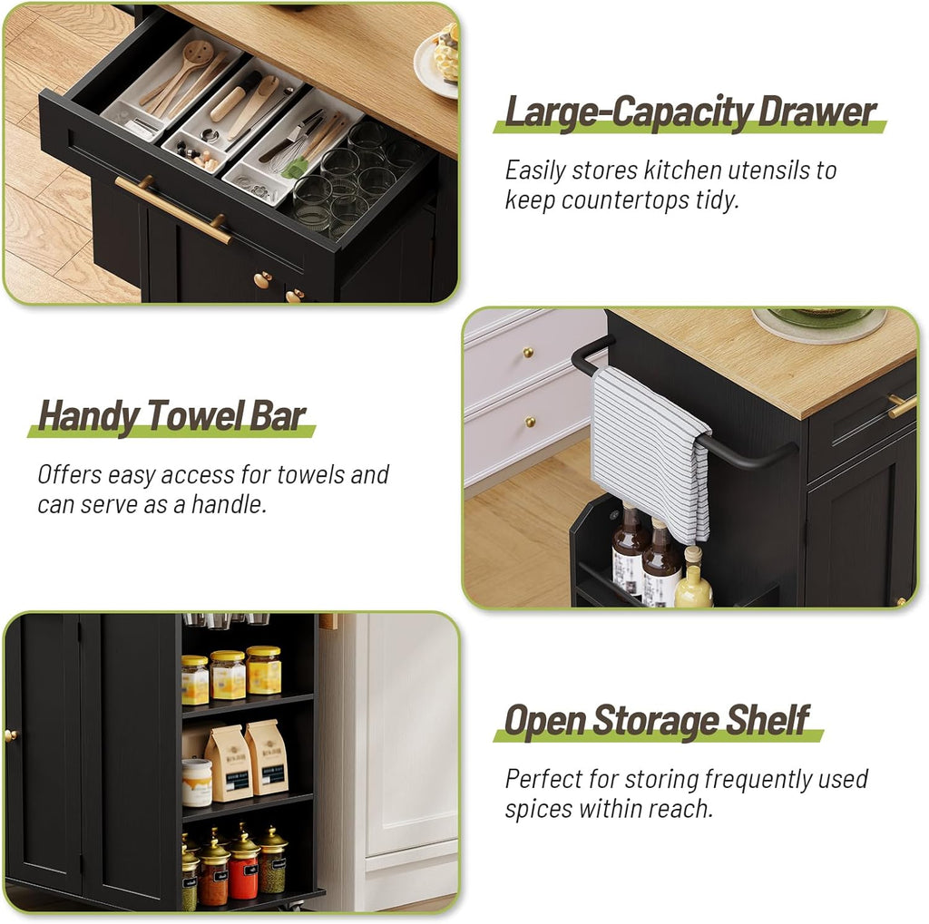 Kitchen Island with Storage, Rolling Kitchen Table with Drop Leaf, Charging Station, 3 Open Adjustable Shelf & Drawer, Towel Rack, Mobile Kitchen Cart for Dining Room, Black and Natural