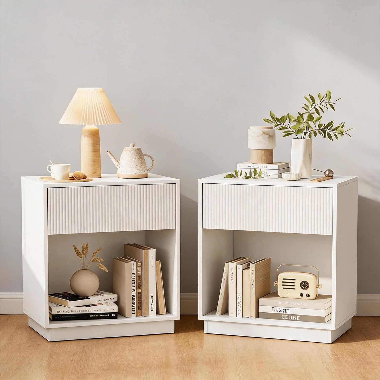 Fluted Nightstands Set of 2, Modern Bedside Table with Drawer and Storage Shelf, Wood End Table Mid Century Night Stands for Bedroom Living Room Sofa Couch Office (White)