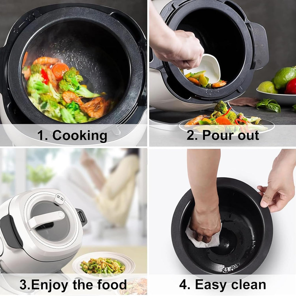 2000W Commercial Food Processor & Automatic Cooker, 6L Stainless Steel Pot with 360° Rotation and 3D Heating, 3 Speed Modes for Stir Frying Soup Rice, Home and Restaurant Kitchen Appliance