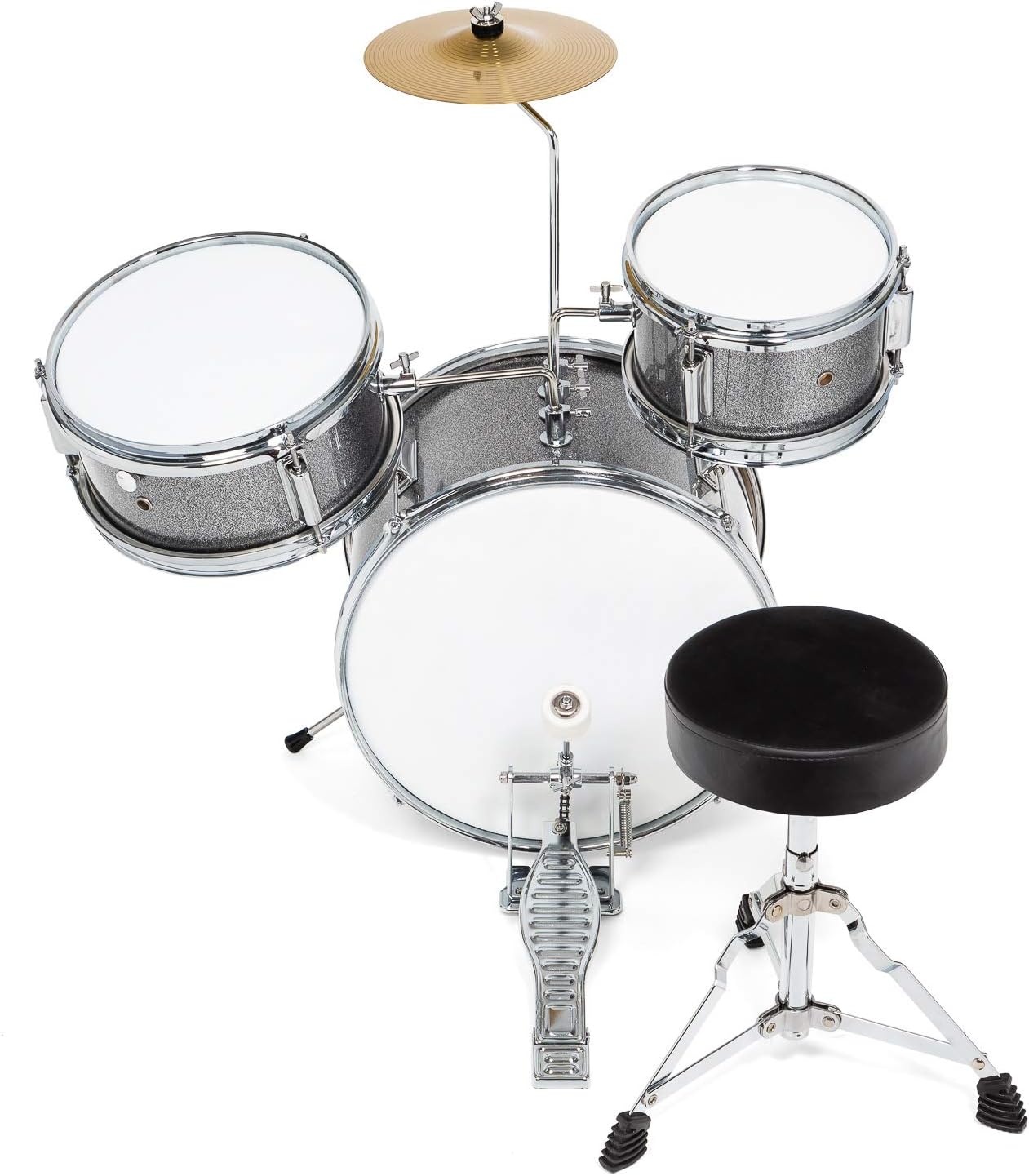 Ashthorpe 3-Piece Complete Kids Drum Set - Beginner Kit with 14' Bass, Adjustable Throne, Cymbal, Pedal & Drumsticks - Silver