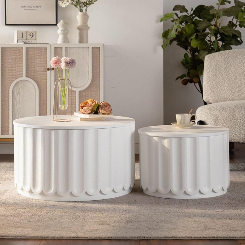 WILLIAMSPACE 46.46' White Round Nesting Coffee Table Set of 2 with Storage & Lift-Off Lid, Modern Circle Drum Center Tables Curved-Edge Shape Tea Table for Living Room, No Assembly (White)