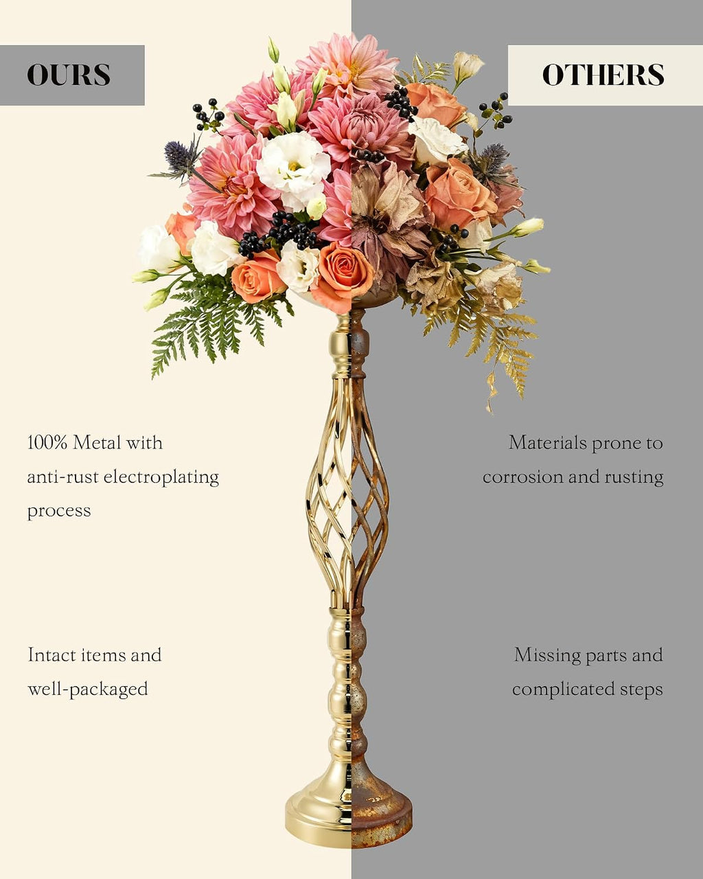 12 Pcs Tall Gold Vase Centerpieces for Table Wedding Vase - 22.8' Tall Quinceanera Centerpieces for Table- Gold Flower Centerpiece Stands- with Spiral Shape & 146g Weighted Base