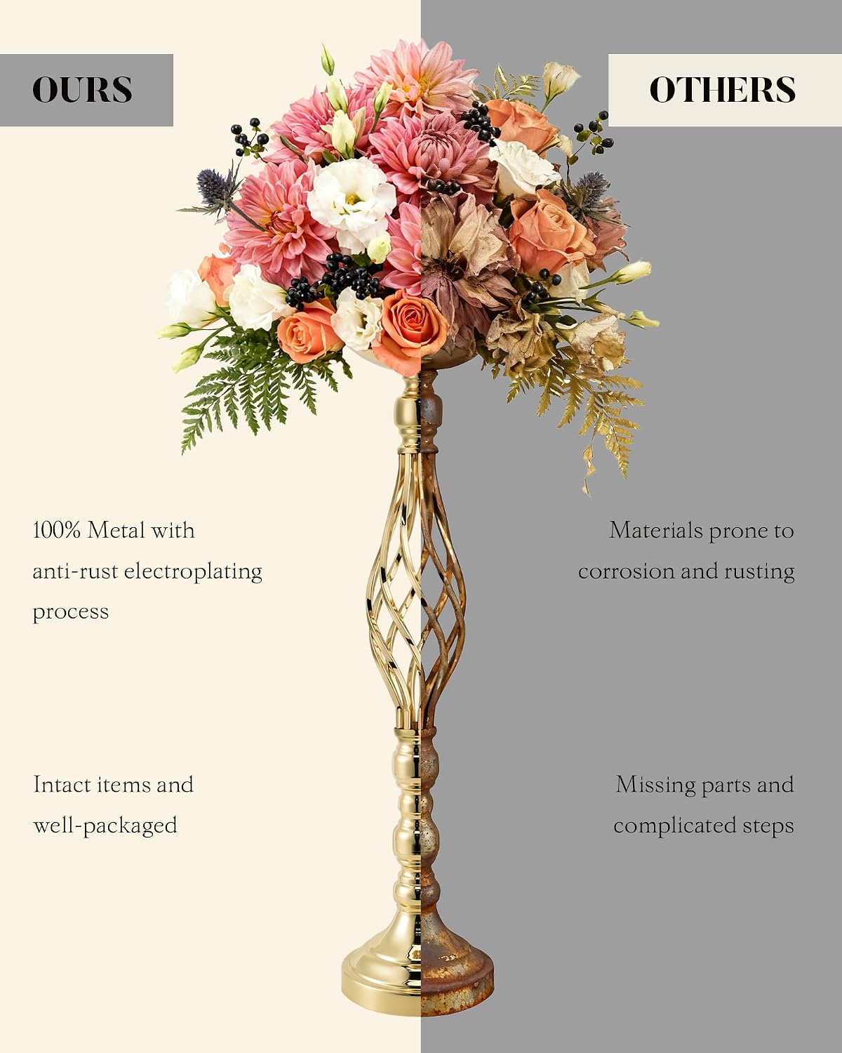 12 Pcs Tall Gold Vase Centerpieces for Table Wedding Vase - 22.8' Tall Quinceanera Centerpieces for Table- Gold Flower Centerpiece Stands- with Spiral Shape & 146g Weighted Base