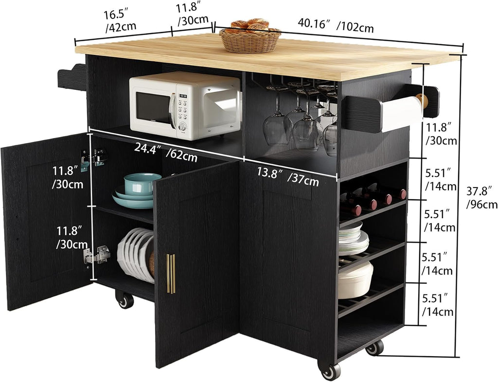 ASTRONAPE Rolling Mobile Kitchen Island with Storage and Drop Leaf, Island Table with Countertop Power Socket and Wheel (Black, Model 1.2)