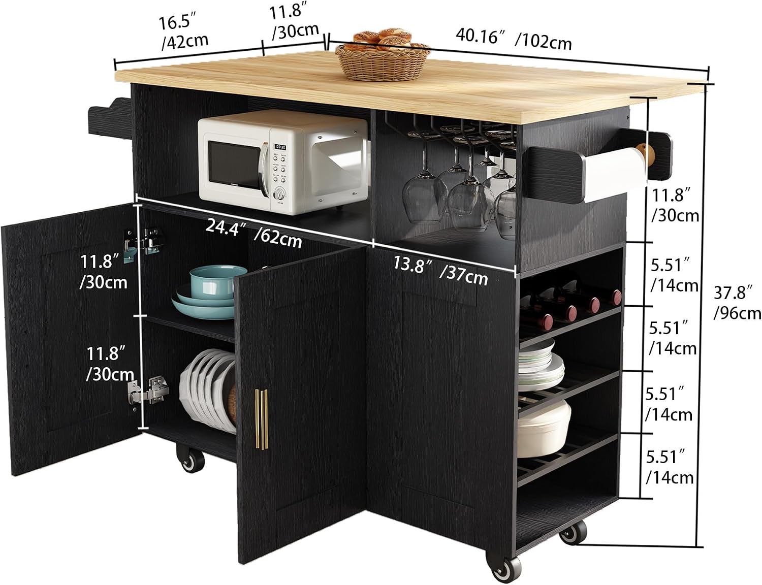 ASTRONAPE Rolling Mobile Kitchen Island with Storage and Drop Leaf, Island Table with Countertop Power Socket and Wheel (Black, Model 1.2)
