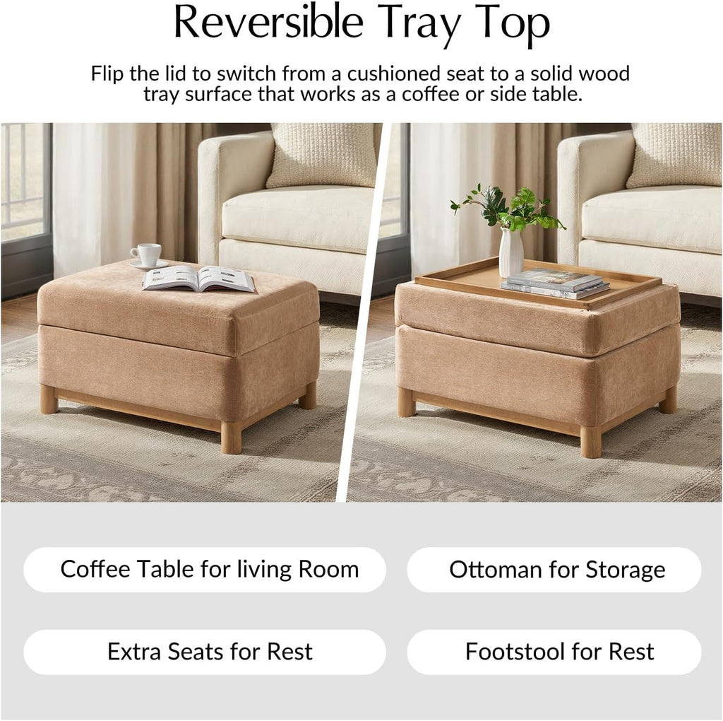 HULALA HOME 30.25' Ottoman Coffee Table with Reversible Tray Lid, Modern Upholstered Storage Ottoman with Solid Wood Base, Removable Top, Footrest and Extra Seating for Bedroom or Living Room, Camel