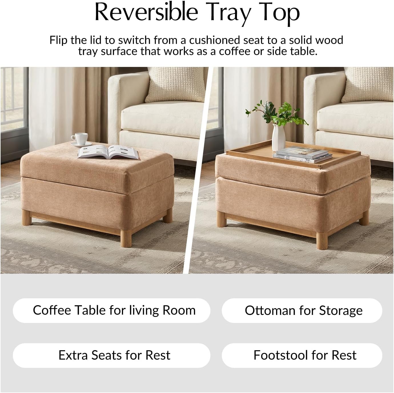 HULALA HOME 30.25' Ottoman Coffee Table with Reversible Tray Lid, Modern Upholstered Storage Ottoman with Solid Wood Base, Removable Top, Footrest and Extra Seating for Bedroom or Living Room, Camel