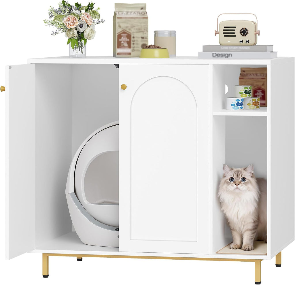Hzuaneri Extra Large Cat Litter Box Enclosure, Automatic Litter Box Furniture with Scratch Pad, Wooden Modern Self-Cleaning Cat Cabinet with Storage, Cat Washroom, End Table, White and Gold CB87103G