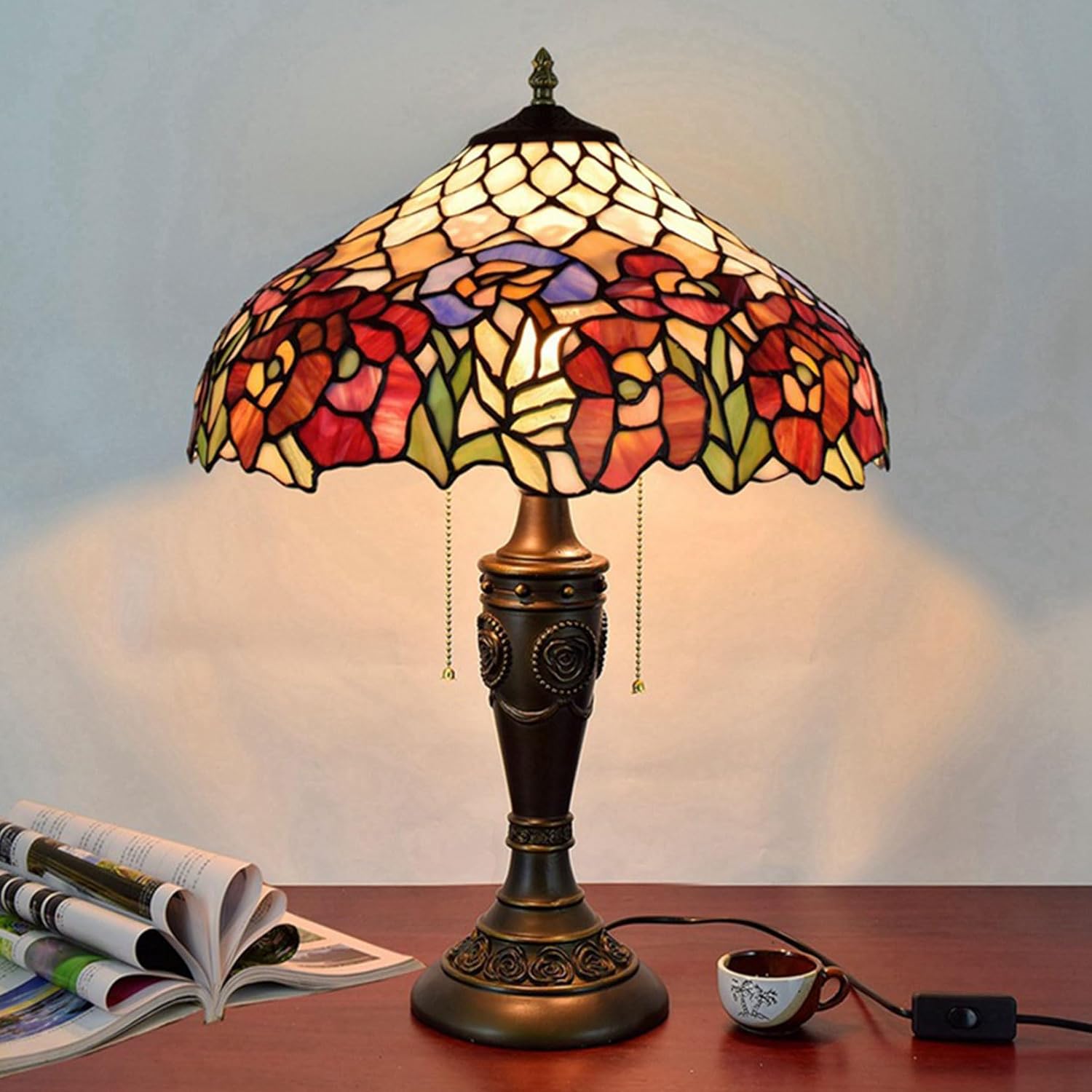 16 Inch Tiffany Stained Glass Single Lampshade Colored Rose Table Lamp Shade Pendant Hanging Light Fixture Ceiling Lamp Floor lamp Replacement Shade Red Blue Flower Green Leaves