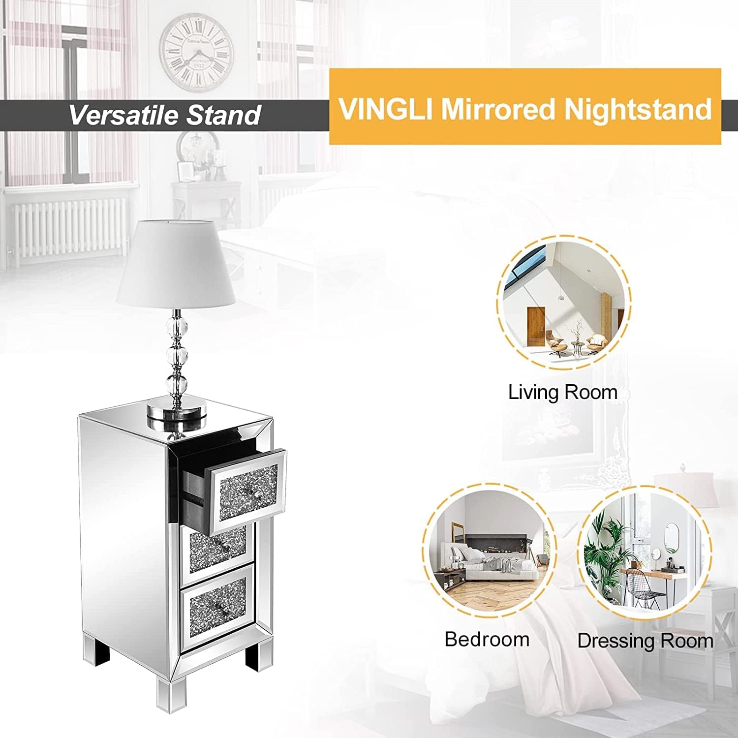 VINGLI 3-Drawer Mirrored Nightstand Bedside Table Modern Night Stands Set of 2 Glass Accent End Table, Fully Assembled, Silver