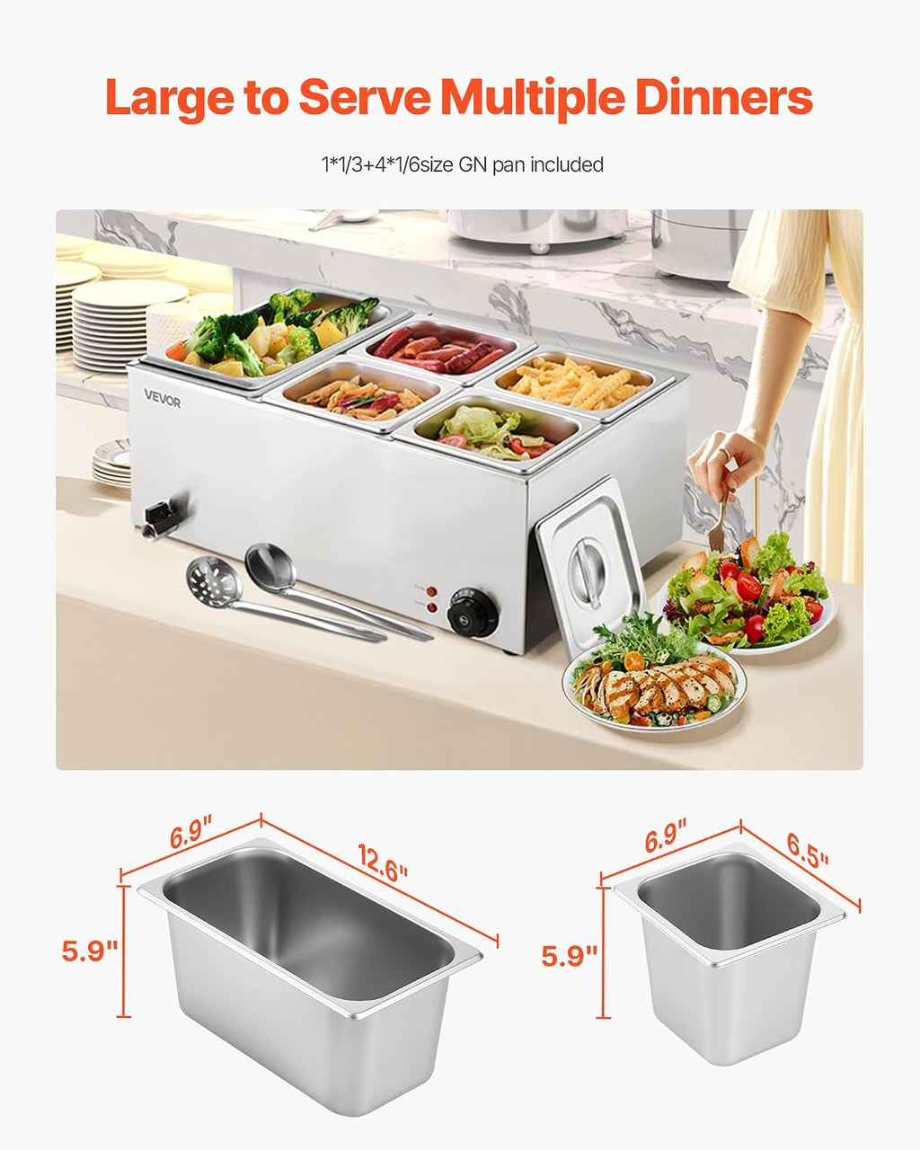 VEVOR 24QT Commercial Food Warmer, 5-Pan Electric Steam Table, 1200W Professional Countertop Stainless Steel Buffet Bain Marie with 86-185°F Temp Control for Catering, Buffet, Parties, Restaurants