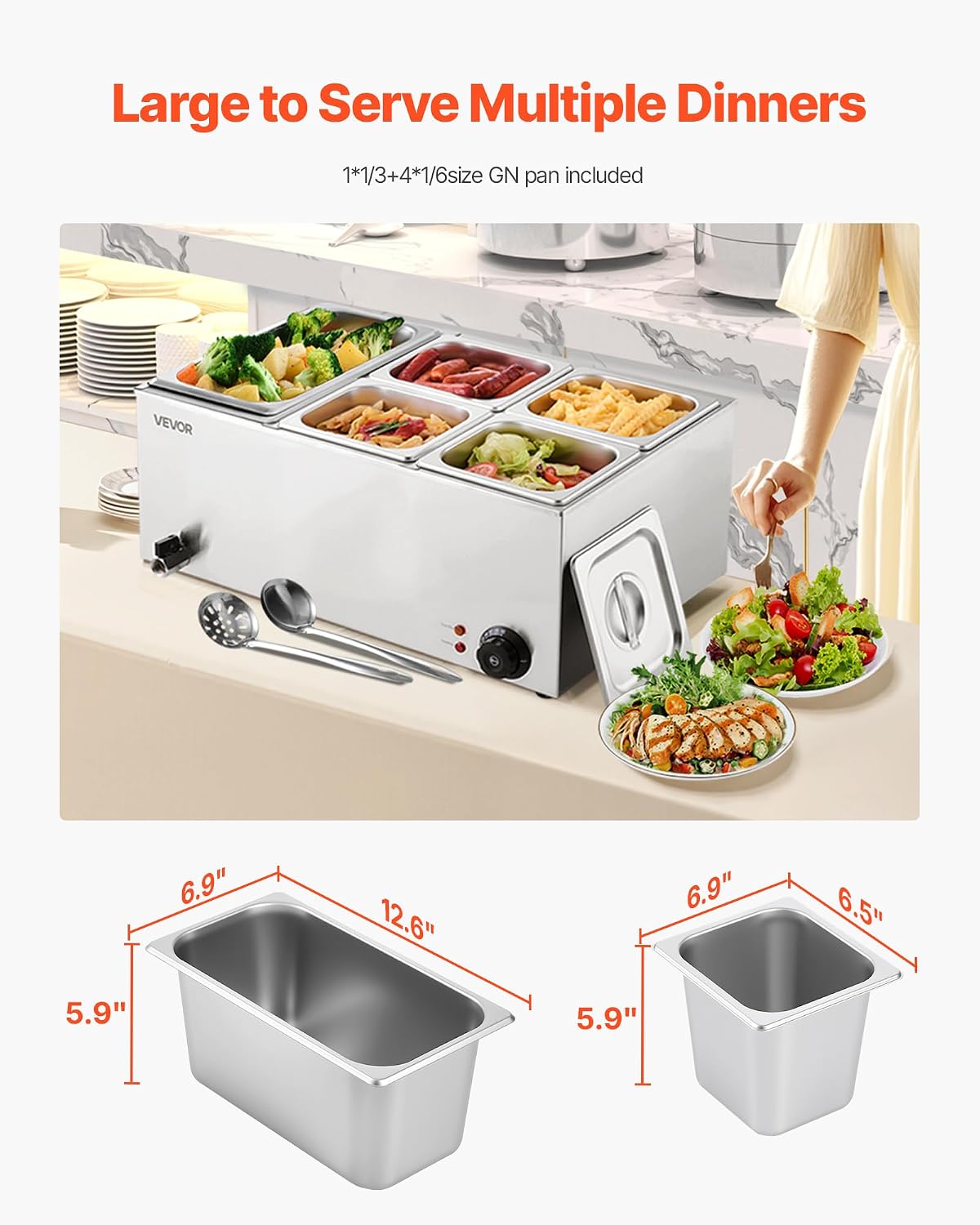 VEVOR 24QT Commercial Food Warmer, 5-Pan Electric Steam Table, 1200W Professional Countertop Stainless Steel Buffet Bain Marie with 86-185°F Temp Control for Catering, Buffet, Parties, Restaurants