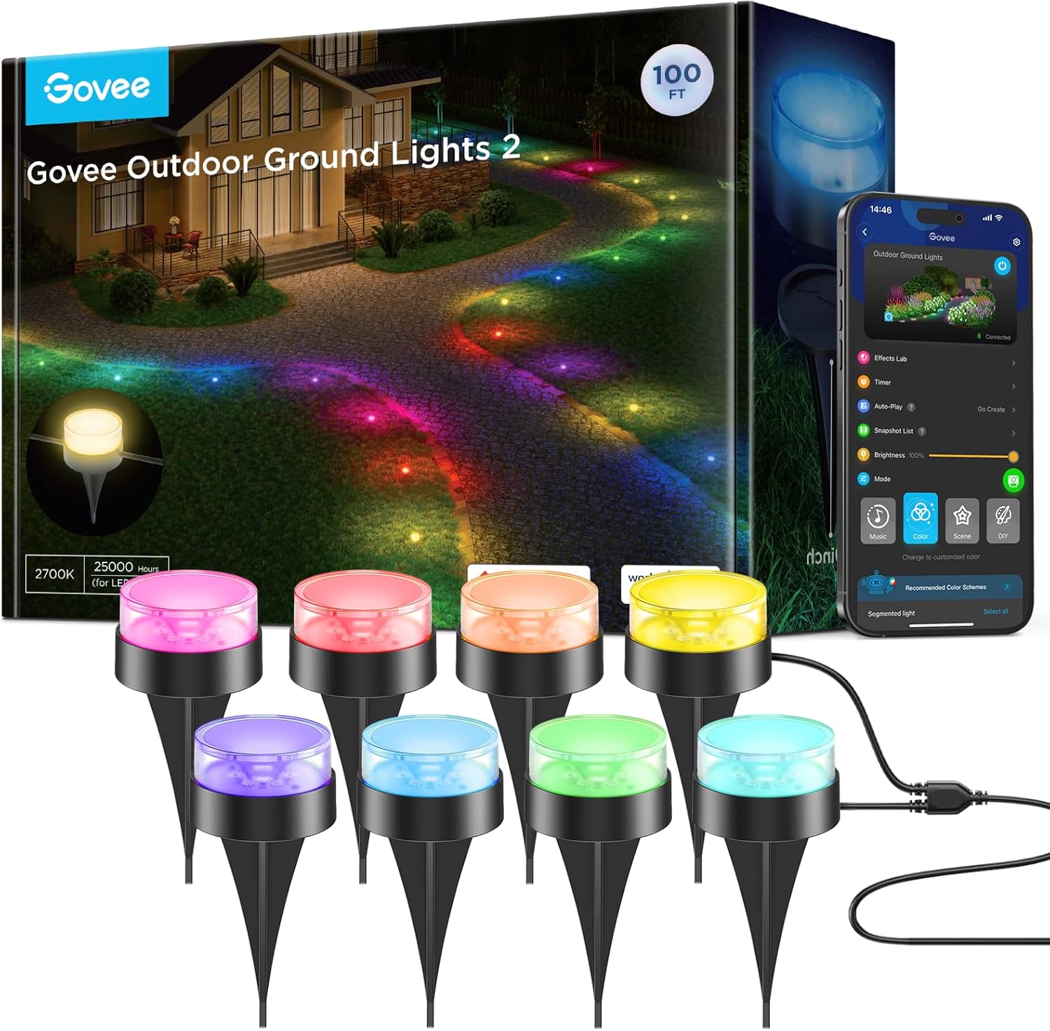 Govee Outdoor Ground Lights 2, 100ft for Patio Decorations, 30 Pack RGBIC Pathway with 100LM Warm White, IP67 Waterproof for Garden, Splitter Connector, Works with Alexa, Google Assistant