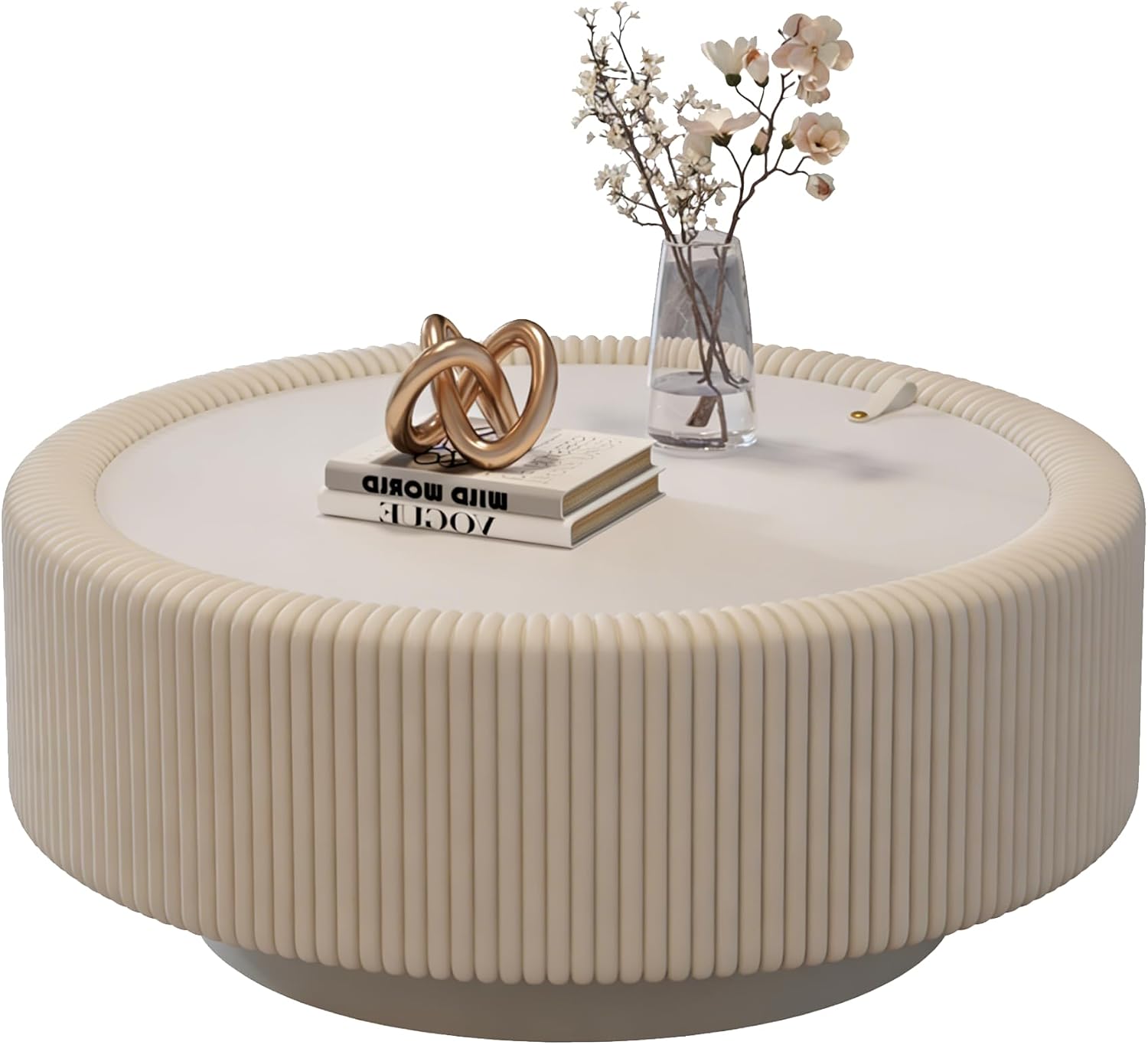 31.5' White Round Coffee Table with Storage, Tempered Glass Top PU Leather Body & Baked Enamel Base, Modern Minimalist Fluted Circle Center Tables for or Living Room, Bedroom, Apartment