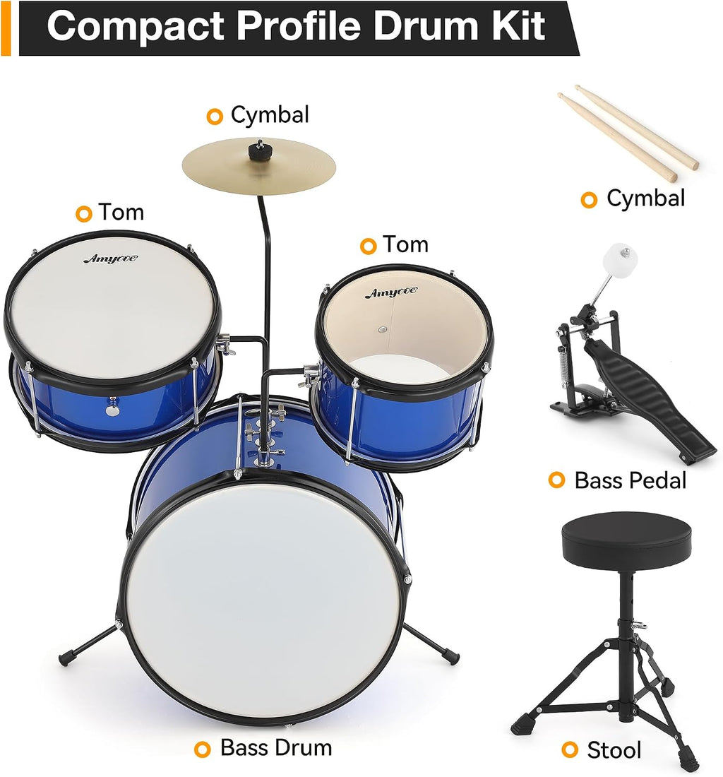 3-Piece Beginner Drum Set, Beginner Drum Set,with Bass Tom Snare Drum, 14 Inch Drum Kit with Snare, Cymbal, Drumsticks, Adjustable Seat (Blue)