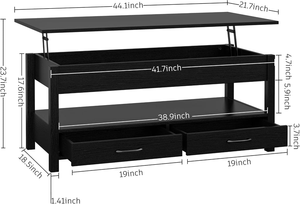 Panana Coffee Table, Lift Top Coffee Table with Hidden Compartment, 2 Drawers and 1 Open Shelf, Retro Central Wooden Table Lift Tabletop for Living Room (Black)