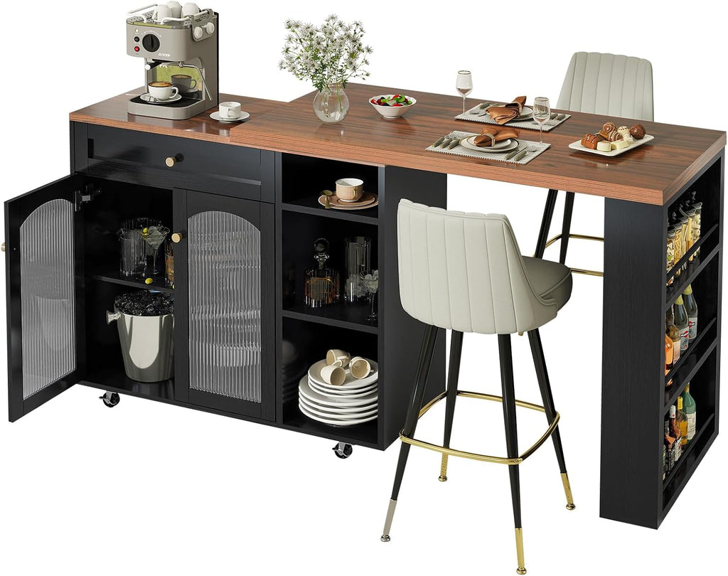 LYNCOHOME 71.1' Rolling Kitchen Island with 360° Rotating Tabletop, Mobile Lockable Wheels & Adjustable Shelves, Multifunctional Storage Cart for Kitchen & Dining（Black）