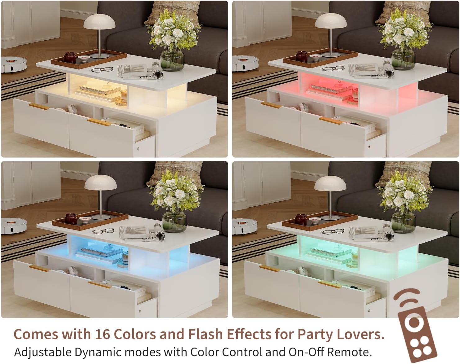 GarveeHome High Gloss LED Coffee Table,35' Modern High Glossy Wood CocktailCoffee Tables with Storage,2-Tier Living Room Table Center Tables with 4 Drawers&Open Shelf,Sofa Table for Home/Office(White