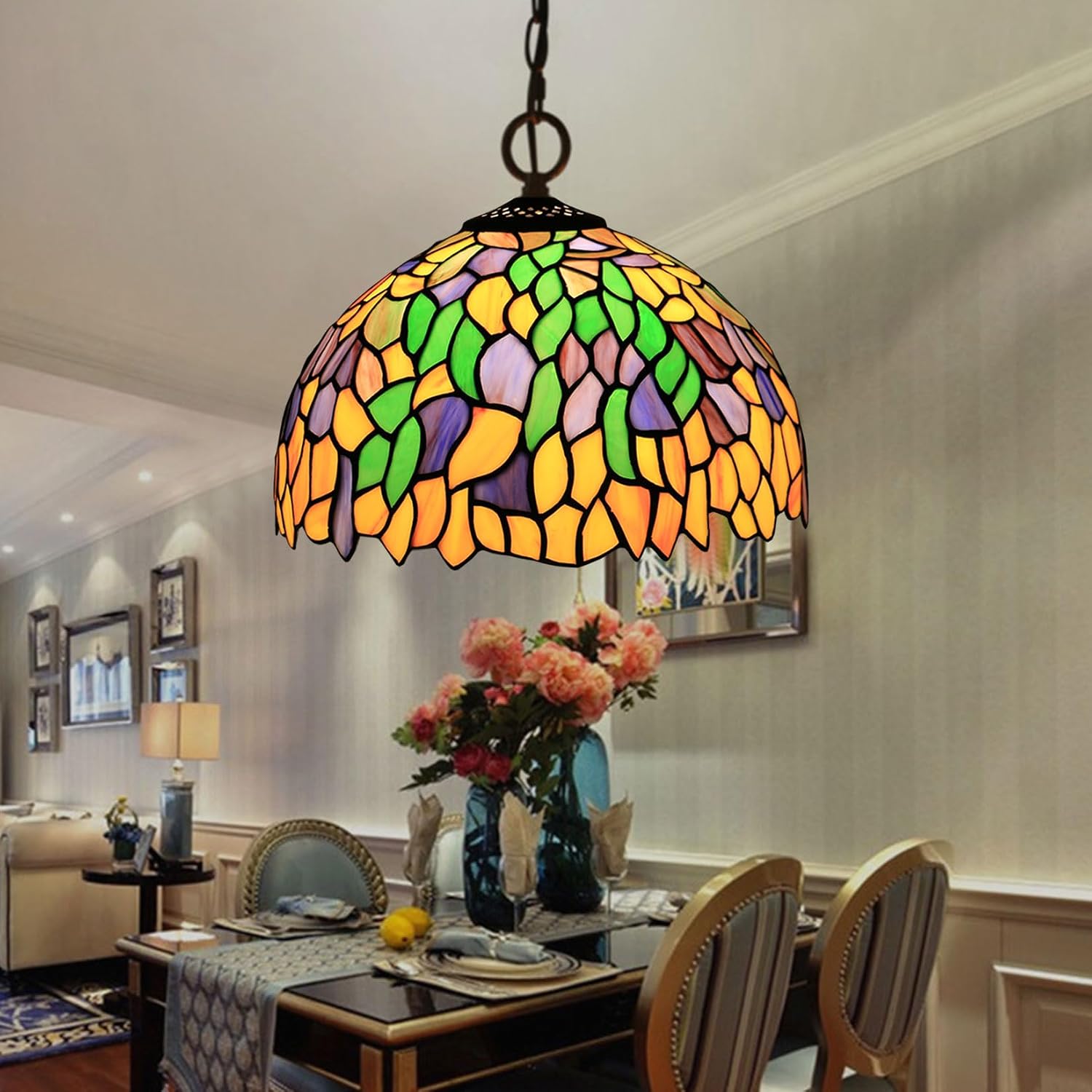 Tiffany Lamp Shade 12 Inch Wide Accessories Replacement Only Wisteria Stained Glass Lampshades Vintage Yellow Green Blue Leaf Light Cover for Table Lamp Pendant Light Ceiling Fixture