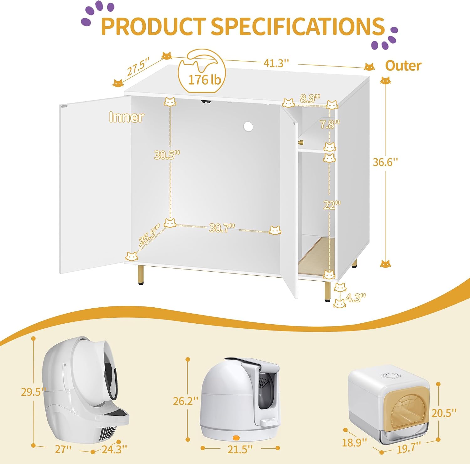 Hzuaneri Extra Large Cat Litter Box Enclosure, Automatic Litter Box Furniture with Scratch Pad, Wooden Modern Self-Cleaning Cat Cabinet with Storage, Cat Washroom, End Table, White and Gold CB87103G