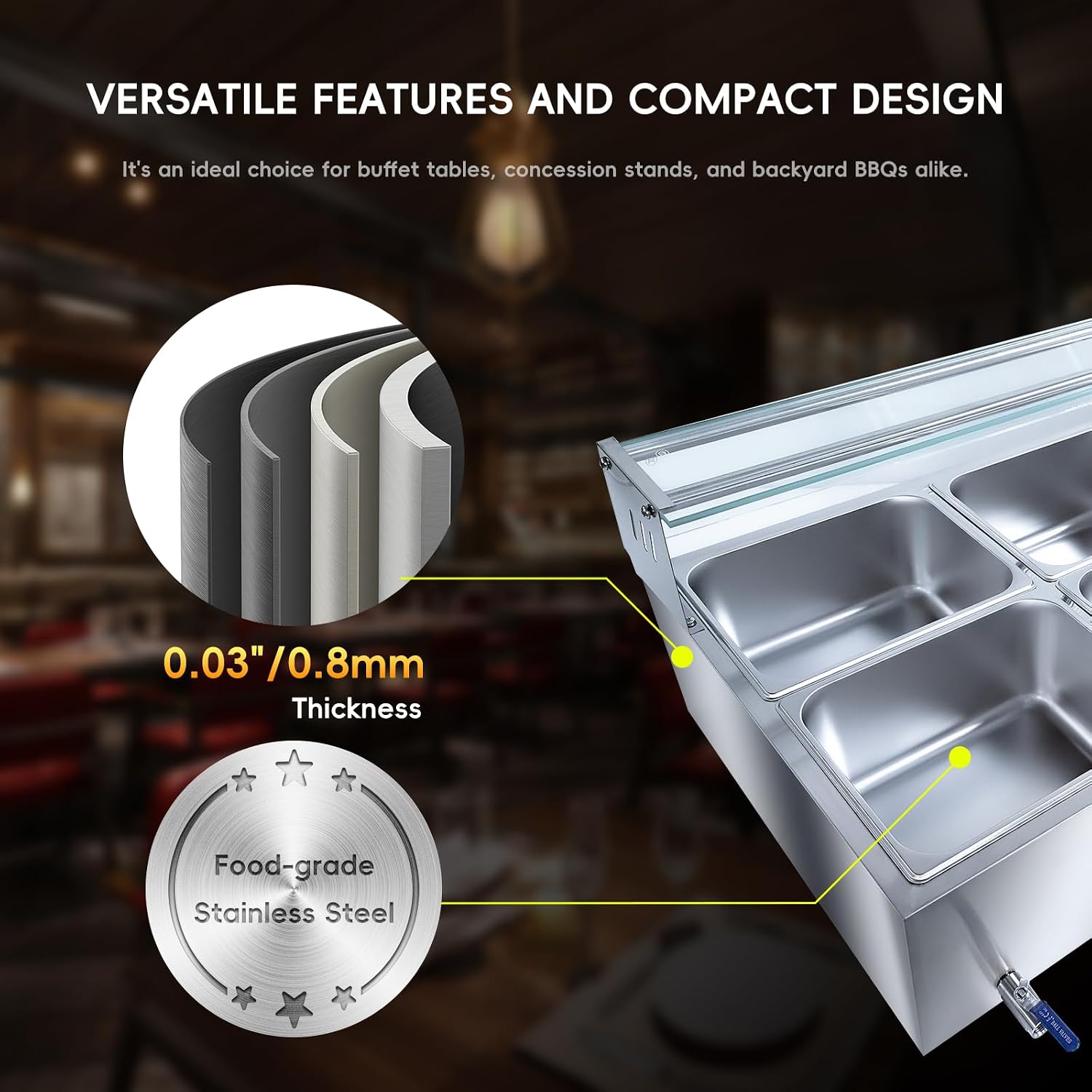 6-Pan Commercial Food Warmer, 72 Qt Electric Steam Table, Stainless Steel Bain Marie with Tempered Glass Cover, 1500W Countertop Food Warmer 86-185°F Temp Control for Catering, Restaurant, Silver