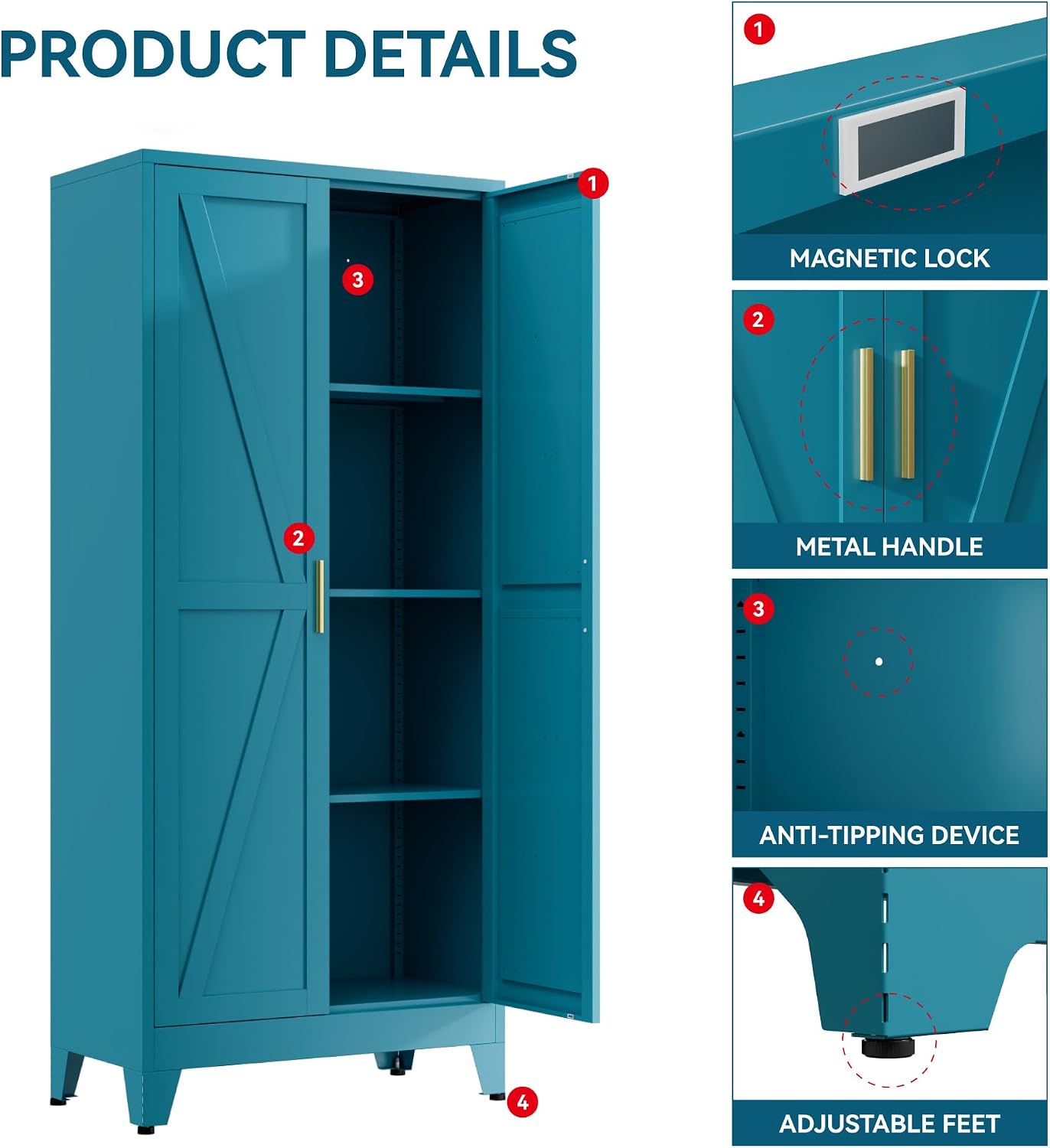 Farmhouse Pantry Cabinet with Barn Doors,61' H x 27.5' W,Metal Cabinet with Adjustable Shelves,4-Tier Storage Cabinet for Kitchen Dining Room Garage,Blue 1 Pack