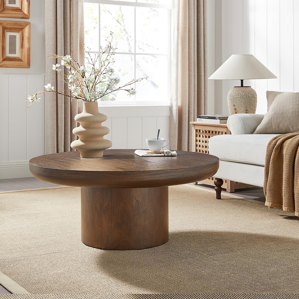 Round Wood Coffee Table for Living Room Modern Circle Coffee Table Pedestal Center Table for Apartment, Easy Assembly Brown