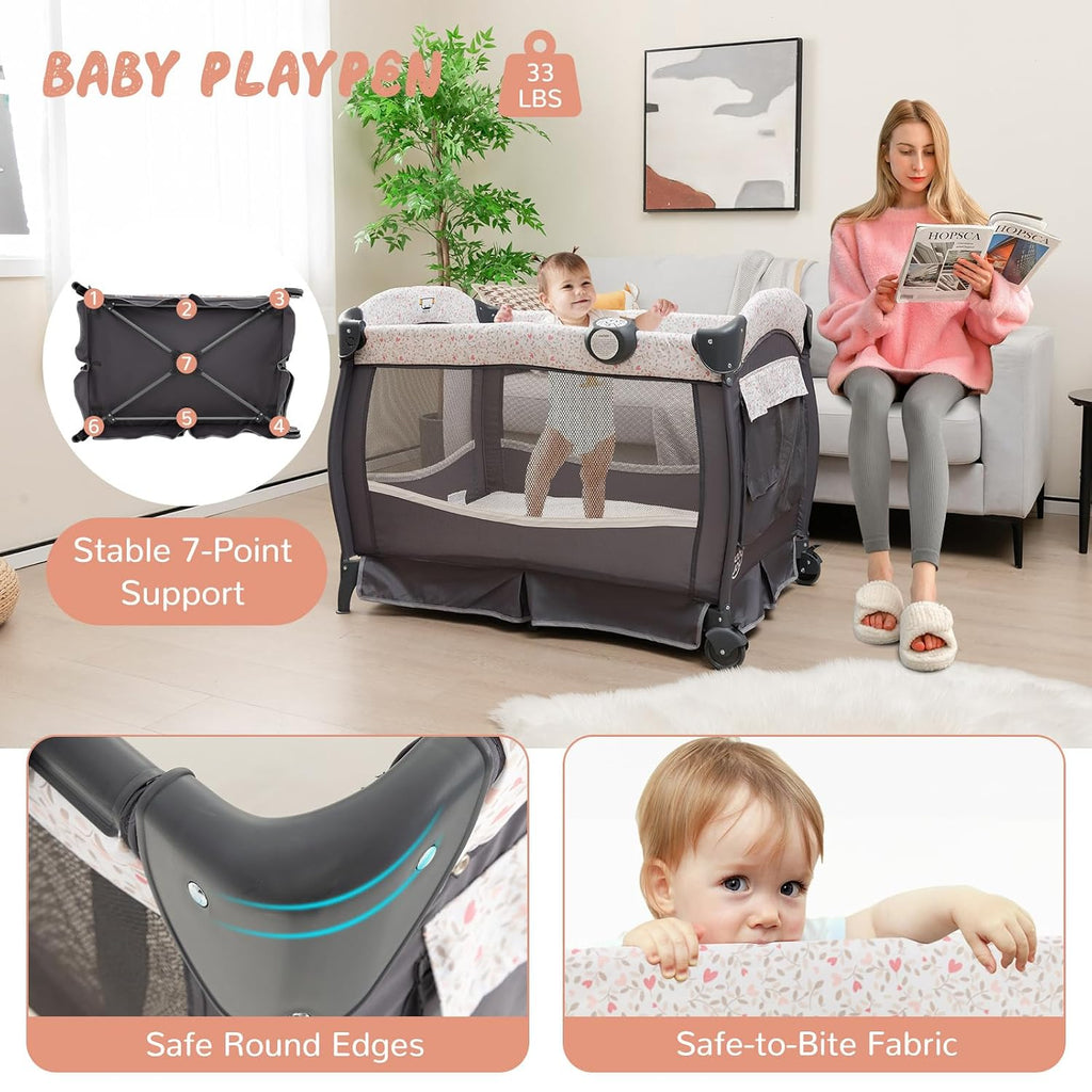 HONEY JOY Pack and Play, 4 in 1 Portable Baby Crib Playpen w/Bassinet, Changing Table, Canopy, Mattress, Music Box, Storage Bag, Foldable Pack and Play for Infant Boys Girls