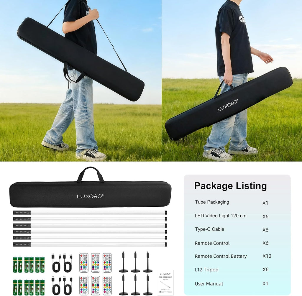 6Pack 4ft RGB Tube Light Portable 5000mAh Battery Powered with Stand Handheld Color Neon Light Bar LED Video Light with Bag for Photography DJ Dance Party Stage Painting Photo Booth Lighting