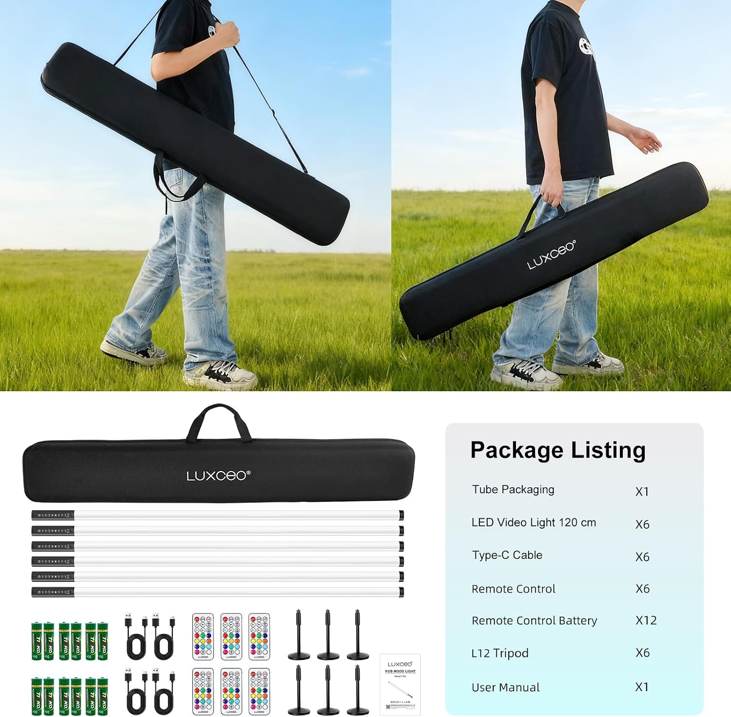 6Pack 4ft RGB Tube Light Portable 5000mAh Battery Powered with Stand Handheld Color Neon Light Bar LED Video Light with Bag for Photography DJ Dance Party Stage Painting Photo Booth Lighting