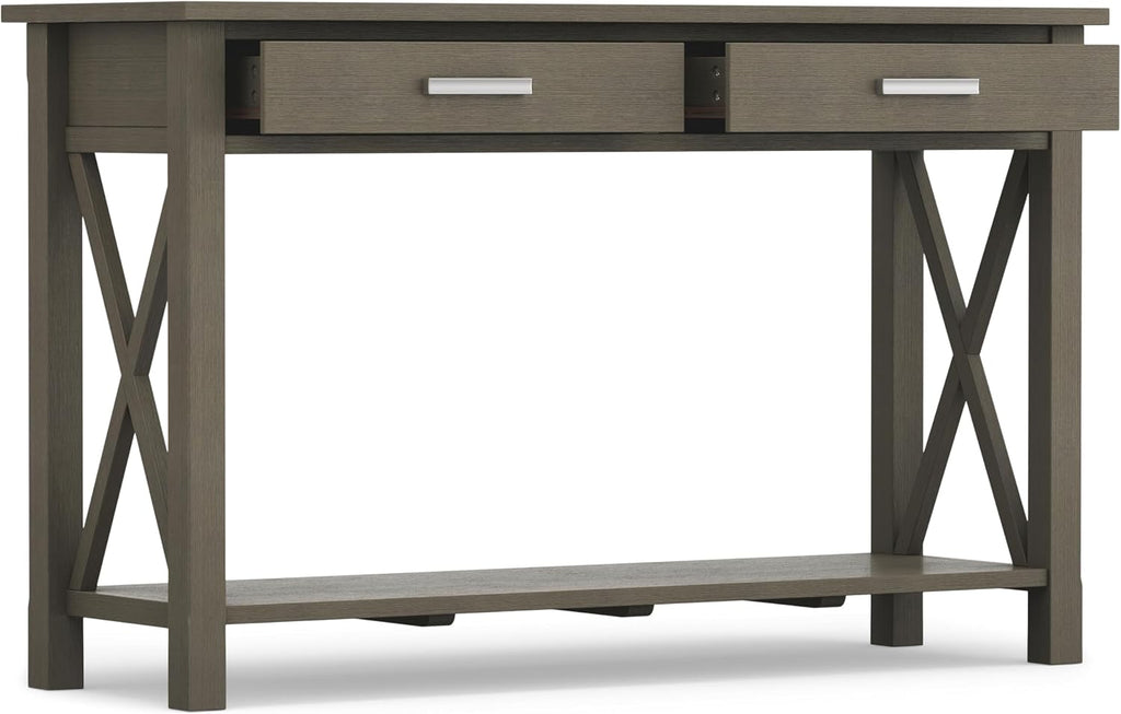 SIMPLIHOME Kitchener Console Table - 47 Inch Wide Solid Wood Sofa Table in Farmhouse Grey, Contemporary Storage Table for Entryway or Living Room with 2 Drawers, Bottom Shelf, and X-Design Side Panels