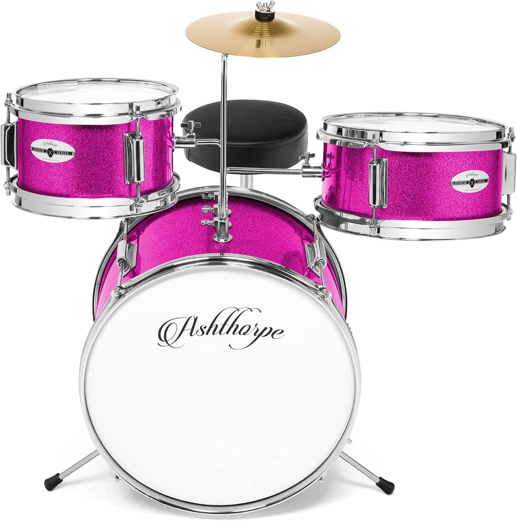 Ashthorpe 3-Piece Complete Drum Set - Beginner Kit with 14' Bass, Adjustable Throne, Cymbal, Pedal & Drumsticks - Pink