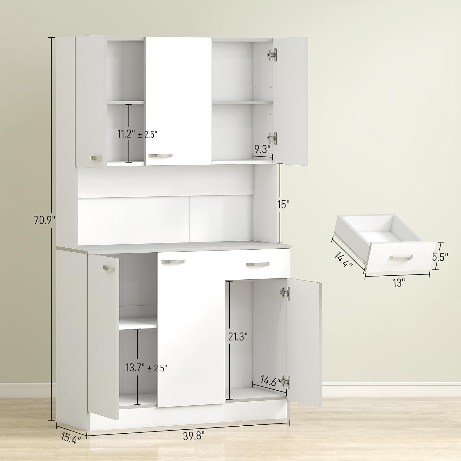 HOMCOM 71' Kitchen Pantry Cabinet with Microwave Stand, White | Tall Storage Cabinet, Buffet with Hutch, 6 Doors, Storage Drawer, 3 Adjustable Shelves