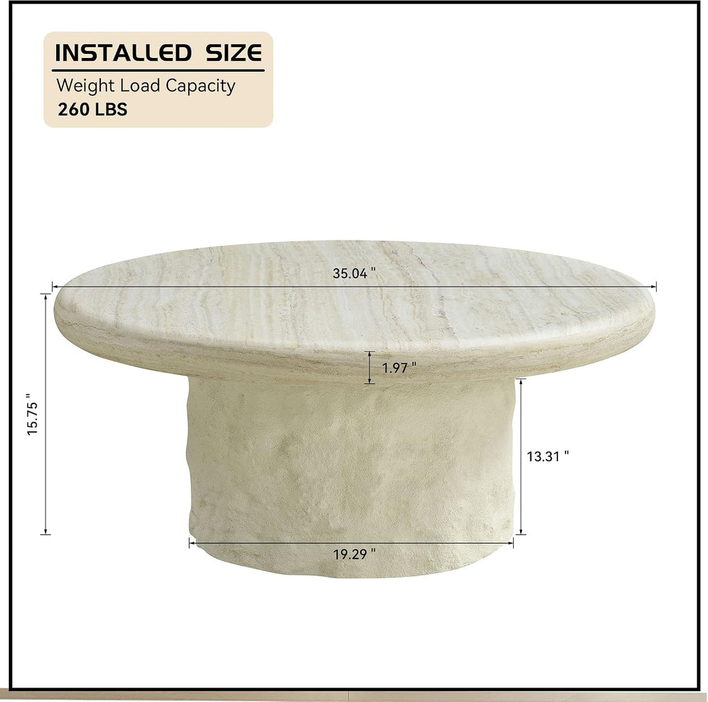 Round Coffee Table, 35.04' Fiberglass Imitation Stone Table Cement Rock Center Table for Living Room Apartment Office, No Need Assembly