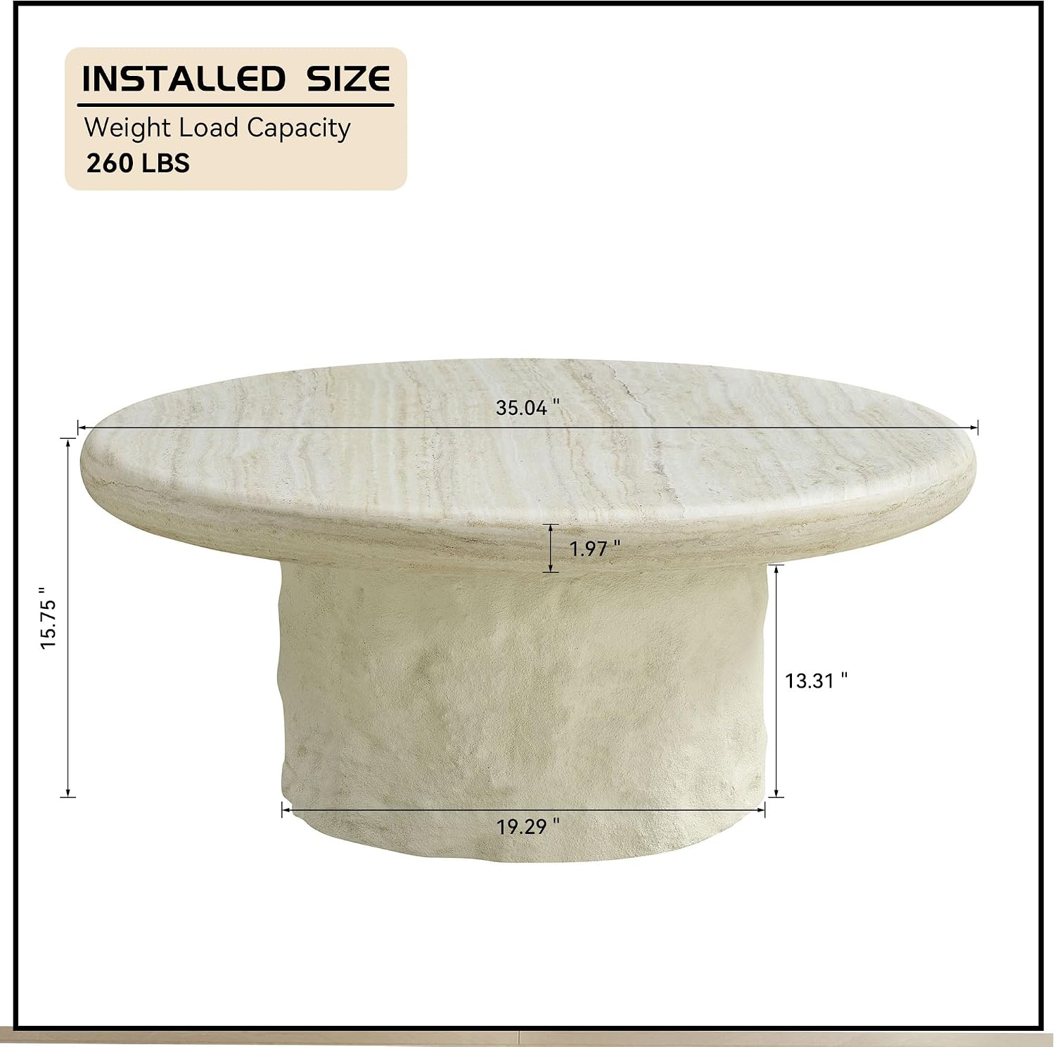 Round Coffee Table, 35.04' Fiberglass Imitation Stone Table Cement Rock Center Table for Living Room Apartment Office, No Need Assembly