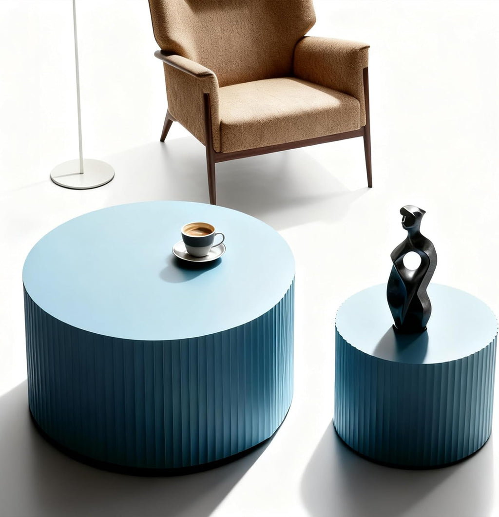 Nesting Coffee Table Set of 2, 23.6 inch Round Coffee Tables, MDF Nesting Tables with Roman Column Design, Modern Handcrafted Wooden Drum Accent Tables for Living Room - Light Blue