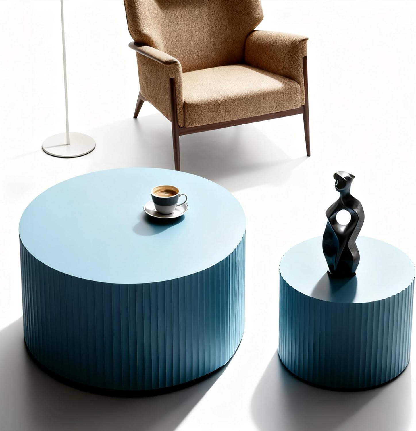Nesting Coffee Table Set of 2, 23.6 inch Round Coffee Tables, MDF Nesting Tables with Roman Column Design, Modern Handcrafted Wooden Drum Accent Tables for Living Room - Light Blue