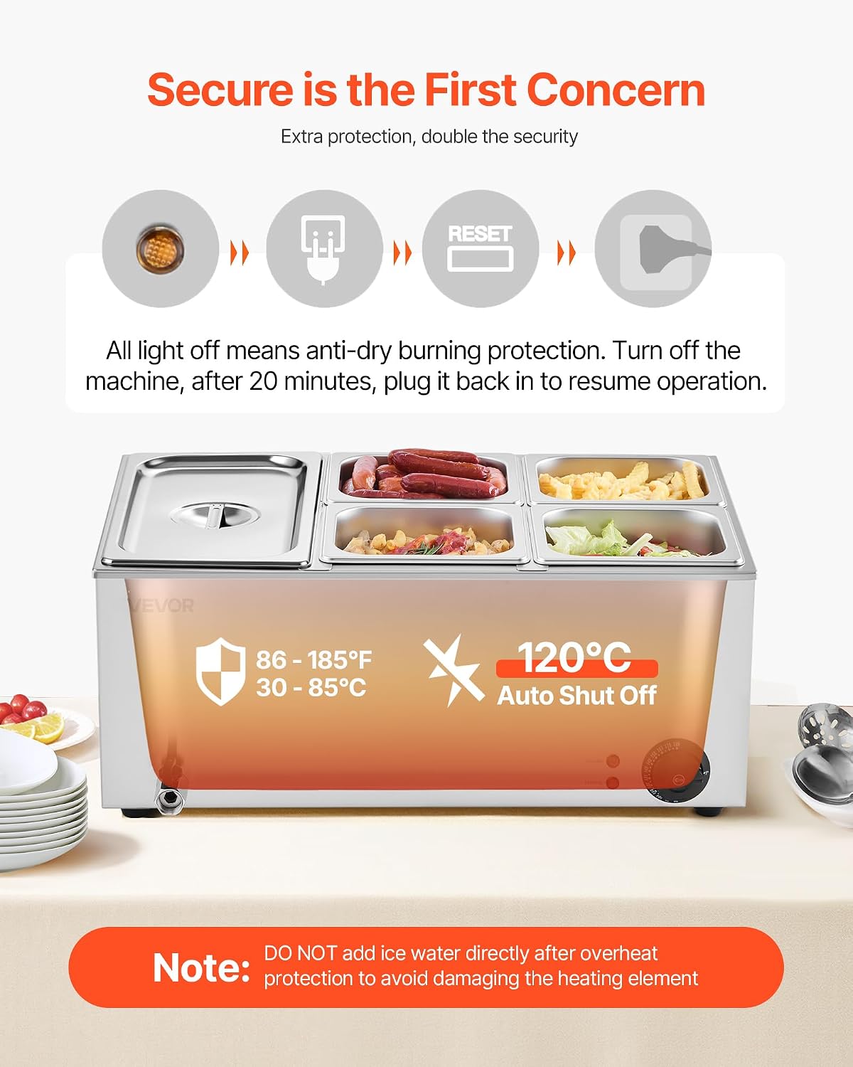 VEVOR 24QT Commercial Food Warmer, 5-Pan Electric Steam Table, 1200W Professional Countertop Stainless Steel Buffet Bain Marie with 86-185°F Temp Control for Catering, Buffet, Parties, Restaurants